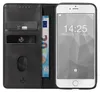 A black flip-case wallet for a smartphone, with a smartphone inside displaying the time and date. There are also credit cards and a banknote visible in the wallet. Produktbild-Vorschau