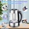A glass electric kettle with various features highlighted by callouts and text. Produktbild-Vorschau