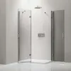 A modern corner shower enclosure with glass doors and chrome fixtures. Produktbild-Vorschau