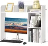 A white desk organizer with a computer monitor, keyboard, mouse, books, and decorative items. Produktbild-Vorschau