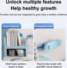 A split image showing two features of a child's desk: a raised bookshelf and a reading book holder. Produktbild-Vorschau