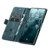 A teal-colored flip case for a smartphone, open to reveal card slots and a phone screen displaying the time and date. Produktbild-Vorschau