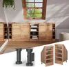 A collage showing a wooden cabinet unit and furniture legs, with a window and plant in the background. Náhled obrázku produktu