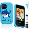 A split image showing the front and back of a blue children's toy phone with a shark design, along with accessories. Produktbild-Vorschau