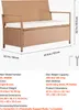 A light brown rattan storage bench with a white cushion is shown from the side with dimensions indicated. Produktbild-Vorschau