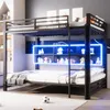 A bunk bed with shelves and decorative items, illuminated by blue LED lights. Náhled obrázku produktu