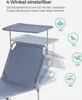 A blue lounge chair with an adjustable backrest and a canopy, shown in multiple positions with angle indicators. Produktbild-Vorschau