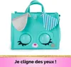 A teal purse shaped like a puppy dog with large round eyes and floppy ears, presented against a white background with a pink and gold border at the bottom. Náhľad obrázku produktu