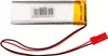 A silver lithium polymer battery with gold tape and red and black wires with a red connector. Voir les images du produit