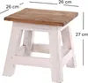 A rustic wooden stool with white painted legs and a natural wood top, shown with dimensions indicated. Náhľad obrázku produktu