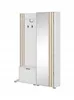 A white and wood-grain effect wardrobe set with a mirror, coat hooks, and a drawer, presented against a white background. Produktbild-Vorschau