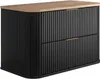 A black cabinet with a wooden top and gold handles, shown from the front. Produktbild-Vorschau