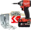 A Milwaukee impact driver, a box of screws, and a metal bracket are arranged on a white background. Anteprima dell’immagine prodotto