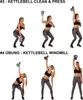 An instructional image showing two different kettlebell exercises performed by a woman. Podgląd zdjęcia produktu