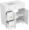A white bathroom vanity with a sink, drawers, and cabinet doors. Anteprima dell’immagine prodotto