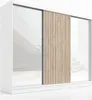 A white sliding door wardrobe with a wooden slatted panel in the center, set against a white background. Produktbild-Vorschau