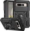 A black phone case with a ring holder and camera cover is displayed from multiple angles. Produktbild-Vorschau
