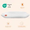 A white pillow is shown against a light peach background, with various certification and feature icons and text surrounding it. Produktbild-Vorschau