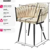 A diagram of a cream-colored armchair with dimensions and specifications for the product. The diagram shows measurements for the overall size, seat, backrest height, load capacity, weight, and package contents. The chair has black legs and a tufted seat an Náhled obrázku produktu