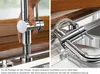 Two images showing a kitchen faucet, one with a hand demonstrating its movement, and another showing the faucet components and sink. Podgląd zdjęcia produktu