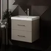A modern bathroom vanity with a sink and faucet, set against a textured dark wall. Produktbild-Vorschau
