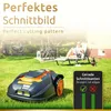 A robotic lawn mower is shown on a lawn in front of a person relaxing in a lounge chair with a dog nearby. The scene depicts a backyard setting. Produktbild-Vorschau