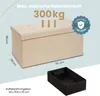Product image showing a beige storage bench with dimensions and a black storage box. Information about maximum load capacity is displayed. Produktbild-Vorschau