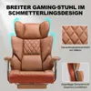 A marketing image of a brown gaming chair with text overlays highlighting its features. Náhled obrázku produktu