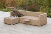An outdoor lounge set with an open storage compartment, set on a patio with plants in the background. Produktbild-Vorschau