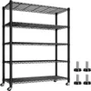 A black five-tier shelving unit with wheels and adjustable feet, shown against a white background. Produktbild-Vorschau