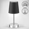 A studio shot of a black table lamp with a chrome base and stem, next to informational graphics about its specifications. Produktbild-Vorschau