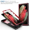 A disassembled phone case with a red frame and a black base, showing the internal card slot feature. A phone with a colorful wallpaper is visible inside the case. Produktbild-Vorschau