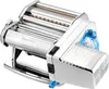 A chrome-plated electric pasta maker with a blue handle and motor attachment, shown from a three-quarter angle against a white background. Podgląd zdjęcia produktu