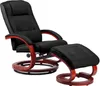 A black leather massage recliner chair with a wooden base and a matching ottoman, presented against a white background. Produktbild-Vorschau