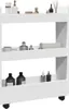 A white three-tier storage cart filled with various bathroom or cosmetic products. Voir les images du produit