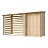A wooden garden shed with an open-sided log store attached. Produktbild-Vorschau