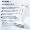A close-up marketing image of a white microneedling device with text listing its benefits. Produktbild-Vorschau
