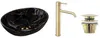 A black marble-effect basin, a gold faucet, and a gold drain stopper are displayed against a white background. Produktbild-Vorschau