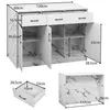 Diagrams and dimensions of a white kitchen island with a marble-like finish. Voir les images du produit