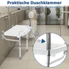 A wall-mounted shower seat in a bathroom, with a close-up inset showing a detail of the product. Voir les images du produit