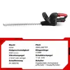 A hedge trimmer is shown against a white background, with a table of its specifications below. Produktbild-Vorschau