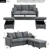 Diagrams and dimensions of a gray sectional sofa with storage ottomans. Produktbild-Vorschau