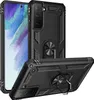 A black protective phone case with a ring stand is shown from multiple angles. Produktbild-Vorschau