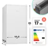 A collage showing a white refrigerator with dimensions and energy efficiency labels. Produktbild-Vorschau