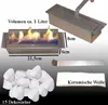A collection of items related to a gel or ethanol fireplace, including the burner, decorative stones, and ceramic wool. Náhled obrázku produktu
