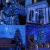 Collage of four images showing blue LED string lights used for Christmas and party decorations, both indoors and outdoors. Produktbild-Vorschau