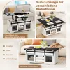 A collage of images showing a coffee table in different configurations: with a lifted top for working, as a dining table, and in its normal coffee table state. There are also bullet points listing uses. Voir les images du produit
