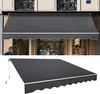 A collage showing a dark gray awning installed above a storefront and a separate image of the same awning folded. Náhled obrázku produktu