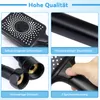 A collage of four images showcasing different features of a black handheld shower head, with German text descriptions. Anteprima dell’immagine prodotto