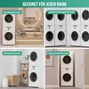 A collage of four images showing washing machines and dryers stacked in different room settings: a bathroom, an apartment building hallway, a laundry room, and a laundry cabinet. Voir les images du produit